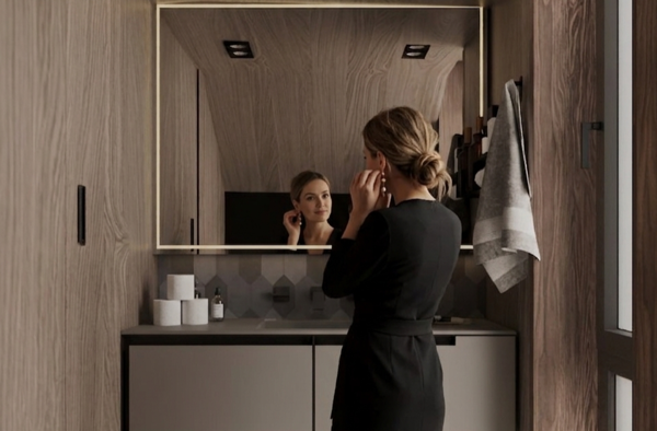 modern powder room with neutral tones and marble surfaces design